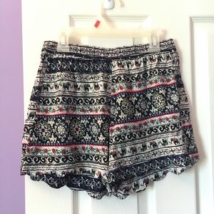 high waisted printed soft shorts, scalloped bottom